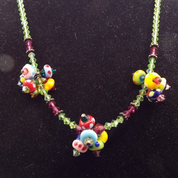 HANDMADE COLORFUL AND FUN JEWELRY Jewelry - COLORFUL FUN LAMPWORK BEADS ON LIME GREEN AB CRYSTAL 15" CHOKER NECKLACE B1